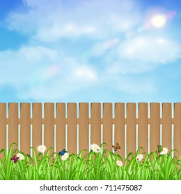 wood fence with grass flower and sky background