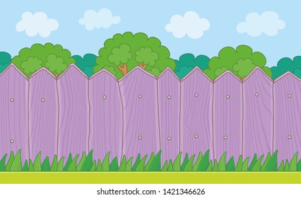 Wood Fence on the backyard. Grass Lawn and Purple Wooden Fence