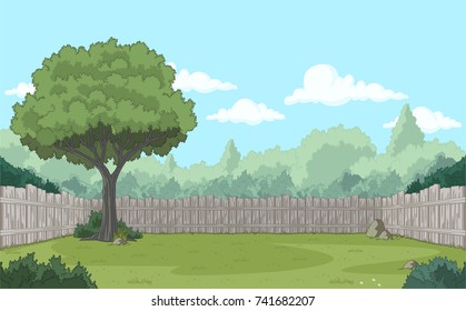 Wood fence on the backyard. Green garden with grass, trees, flowers and clouds.
