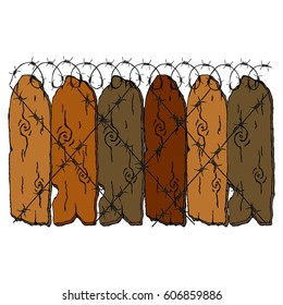 Wood Fence. Wood plank with barbed wire. Hand drawn vector illustration.
