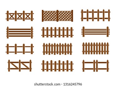 Wood Fence set. Different designs of fences and walls illustration. Simple design isolated on white background.