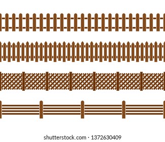 Wood Fence set. Different designs of fences and walls illustration. Simple design isolated on white background.