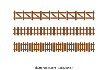 Wood Fence set. Different designs of fences and walls illustration. Simple design isolated on white background.