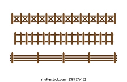 Wood Fence set. Different designs of fences and walls illustration. Simple design isolated on white background.