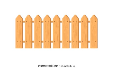 Wood fence. Wooden fence and gate. Barrier for garden, farm and house. Brown picket isolated on white background. Cartoon. Barrier for rustic yard. Flat village enclosure. Vector.