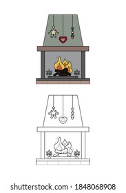 Wood fire chimney. Comforting atmosphere. Coloring page for kids. Vector illustration