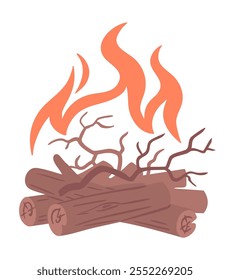 Wood fire. Hiking in the forest. Burning tree branches. Fire hazard. Vector illustration isolated on white background