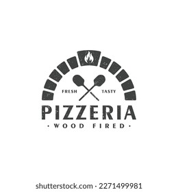 Horno de ladrillo de leña con estilo de pala cruzada vintage, vector de diseño del logo de la pizza.