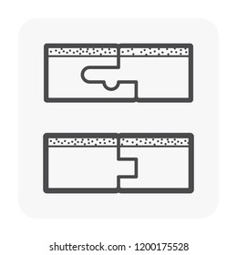 Wood floor construction joint vector icon. Consist of traditional tongue groove joint and mechanical joint in side or profile view. That is a innovative locking joint system to create gap-free floor.