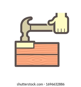 Wood floor installation and tool or equipment vector icon. Consist of hammer, tapping block, wood floor and carpenter. To improvement, repair, renovation or construction of wooden floor.