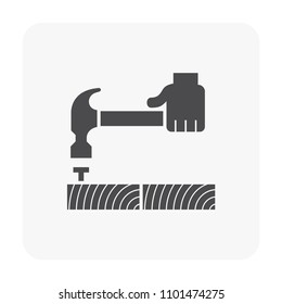 Wood floor installation and tool vector icon. Consist of hammer, wood floor material and carpenter. To improvement, repair, renovation or construction of wooden floor i.e.hardwood, parquet, laminate.