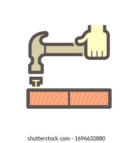 Wood floor installation and tool vector icon. Consist of hammer, wood floor material and carpenter. To improvement, repair, renovation or construction of wooden floor i.e.hardwood, parquet, laminate.
