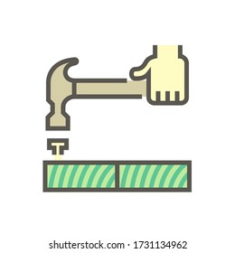 Wood floor installation and tool vector icon. Consist of hammer, wood floor material and carpenter. To improvement, repair, renovation or construction of wooden floor i.e.hardwood, parquet, laminate.