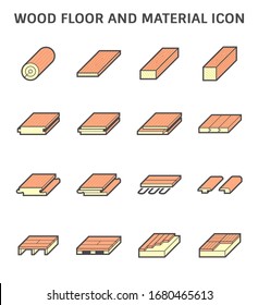 Wood floor and material icon such as log, timber, structure, joint, cornice, solid wood and engineered wood. Vary type of installation systems such as on concrete and on structure. Vector icon design.