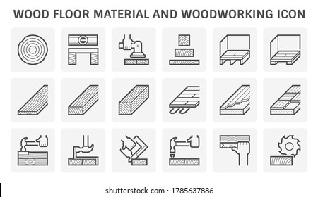 Wood Floor And Material Such As Log, Timber, Structure, Parquet And Laminate Etc. Woodworking And Tool Such As Water Level, Hammer, Sander, Stabler Etc. Vary Installation Systems. Vector Icon Design.