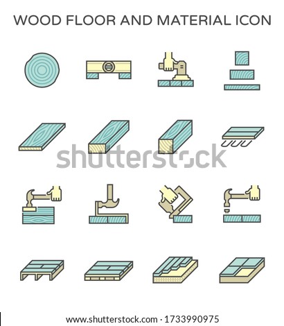 Wood floor and material such as log, timber, structure, parquet and laminate etc. Woodworking and tool such as water level, hammer, stabler etc. Vary installation systems. Vector icon design.