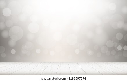 Wood floor perspective with light blurred bokeh background used for montage or display product. Vector illustration.