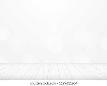 Wood floor perspective with light blurred bokeh background used for montage or display product. Vector illustration.