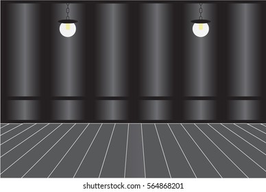 Wood floor and wall background with 2 black lamp hanging 