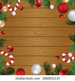  Wood And Foliages Vintage Christmas background with fir tree branches frame, candy cane, pearls, berries, and Christmas decorations.