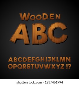 Wood font in the cartoon style. Set of timber alphabet letters combined for any word. Cartoon font template for banner, app, kids' illustration, header. Editable typography vector illustration.
