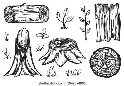 wood forest bark log boards set handmade. Lumber trunk sketch isolated on white background