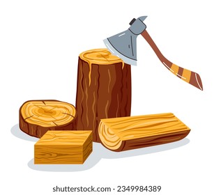 Wood forest cut ax woodwork timber concept. Vector graphic design element illustration