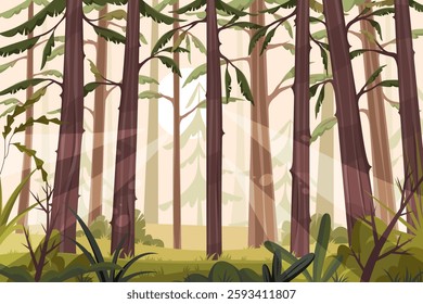 Wood or forest landscape. Vector nature outdoor scenic view. Background with lush greenery, trees. Woodland scenery with biodiversity. Fauna and nature backdrop. Scenic view. Biology and ecology