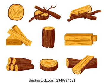 Wood forest log pile tree trunk timber lumber isolated on white background set. Vector graphic design element illustration
