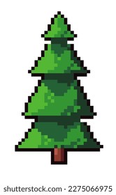 Decoración de la madera o del bosque, pino píxel con follaje y ramas. Naturaleza y naturaleza, plantas y decoración. Icono aislado pixelado para juego de 8 bits, diseño retro. Vector de estilo plano