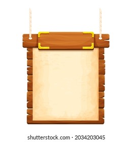Wood frame, banner with gold details, old parchment and rope in cartoon style isolated on white background. Ancient signboard. Ui game asset. Vector illustration