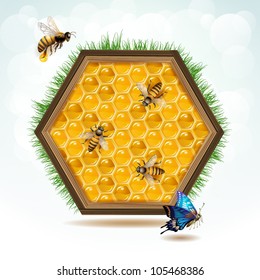 Wood frame with bees and honeycombs