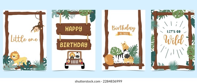 Wood frame collection of safari background set.Editable vector illustration for birthday invitation,postcard and sticker