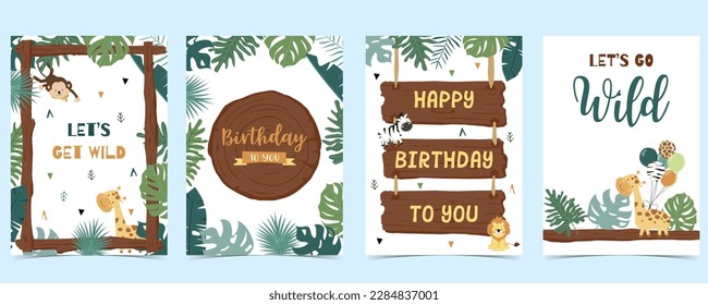 Wood frame collection of safari background set.Editable vector illustration for birthday invitation,postcard and sticker