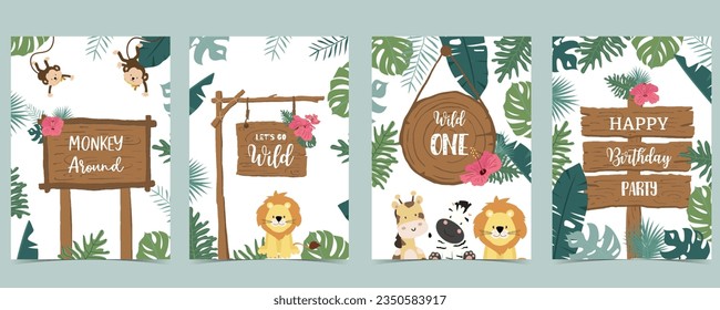 Wood frame collection of safari background set.Editable vector illustration for birthday invitation,postcard and sticker