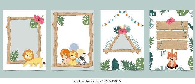 Wood frame collection of safari background set.Editable vector illustration for birthday invitation,postcard and sticker