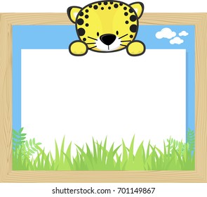 wood frame with cute baby leopard and blank board for copy space, design for children