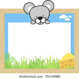wood frame with cute baby mouse and blank board for copy space, design for children
