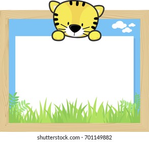 wood frame with cute baby tiger and blank board for copy space, design for children