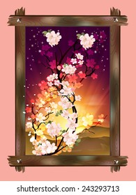 Wood frame with flowers. Vector  illustration 