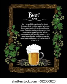 wood frame with hops and a mug beer on a black background. Oktoberfest. the bar menu for the pub. craft brewery