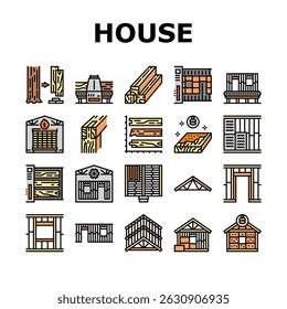 wood frame house construction icons set vector. timber durability, sustainability, aesthetics craftsmanship, efficiency eco friendly wood frame house construction color line illustrations