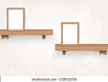 photo à cadre de bois avec étagère en bois vide isolée sur fond blanc, concept de décoration de maison, illustration vectorielle