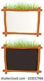 Wood Frame With Sign/ Illustration Of A Set Of Two Cartoon Wood Frame With Blank White And Black Sign For  Announcement And Advertisement