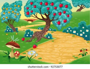 Wood with fruit trees. Funny cartoon and vector illustration