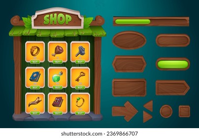 Wood game shop ui interfaz con el marco del botón. Elemento gui de la caja de la tienda de madera con el juego de dibujos animados de la flecha de navegación del segundo usuario. Etiqueta de tablero medieval con clave, poción y recurso para comprar en aplicación móvil rpg.