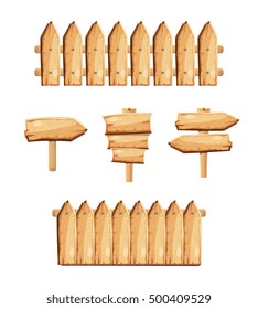 Wood garden fences and wooden signs stock vector. Fence made of boards and pointer illustration