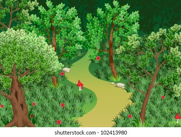Wood glade in the forest with mushrooms and flowers