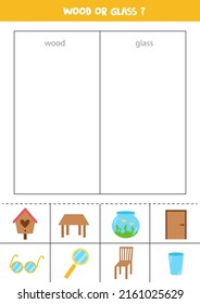 Wood or glass, sort objects by material. Worksheet for kids.