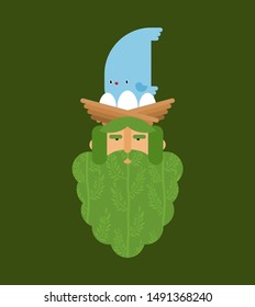 Wood goblin with bird on his head. Old man Spirit of forest  